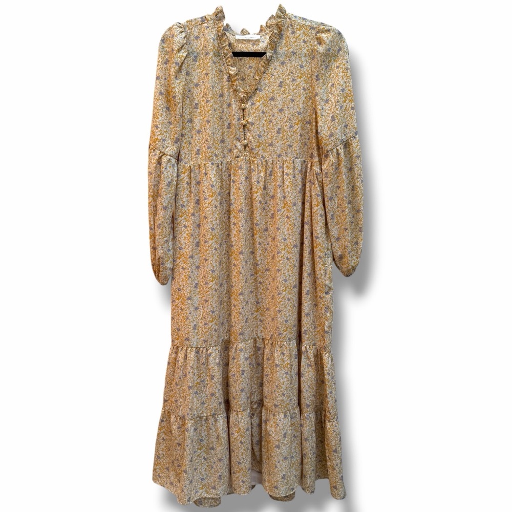 Carly Jean Los Angeles CJLA Yellow Floral Long Sleeve Tiered Maxi Dress sz Small - Picture 2 of 6